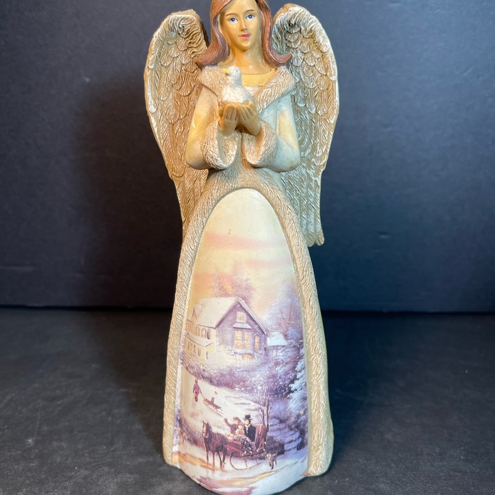 Vtg 8” Tall Angel Holding Dove Winter Scene Kids Sledding Horse & Carriage T81